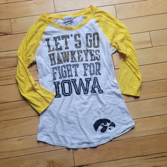 Iowa Hawkeyes PINK Tee Longer 3/4 Sleeve Ringer Tunic M Victoria's Secret - Picture 4 of 6